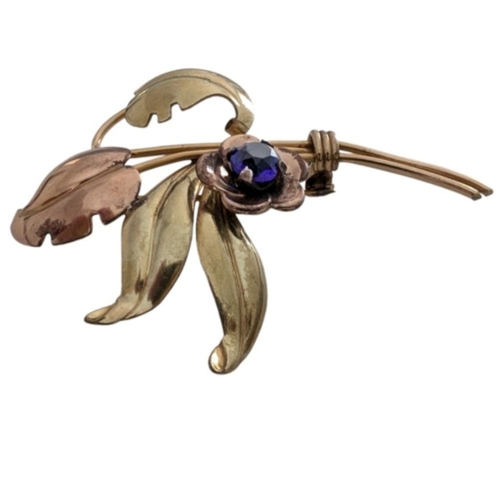 HARRY ISKIN Vintage Sapphire Brooch 1940 12K Gold Filled Floral Bouquet Pin - Picture 4 of 8